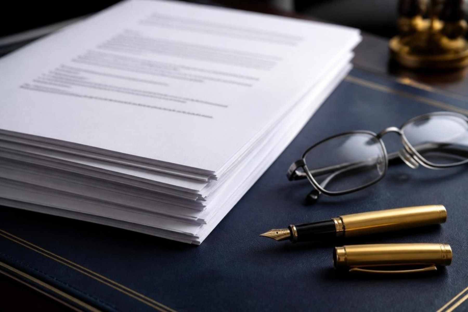 Legal pleadings with a gold pen